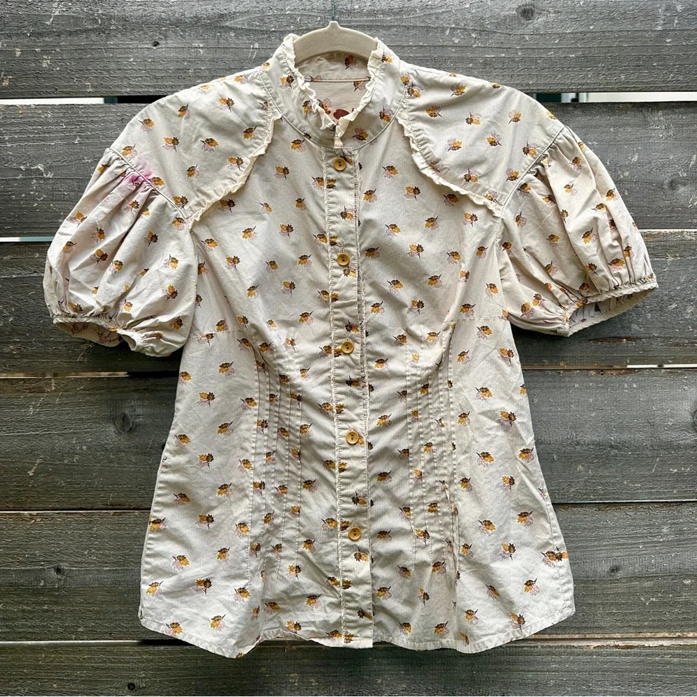 Free People Tiny Floral Bouquets Puff Sleeve Button Down Shirt- size 2